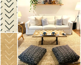 Boho Floor Pillow: Black and Cream Mudcloth Print, 24x24x5”