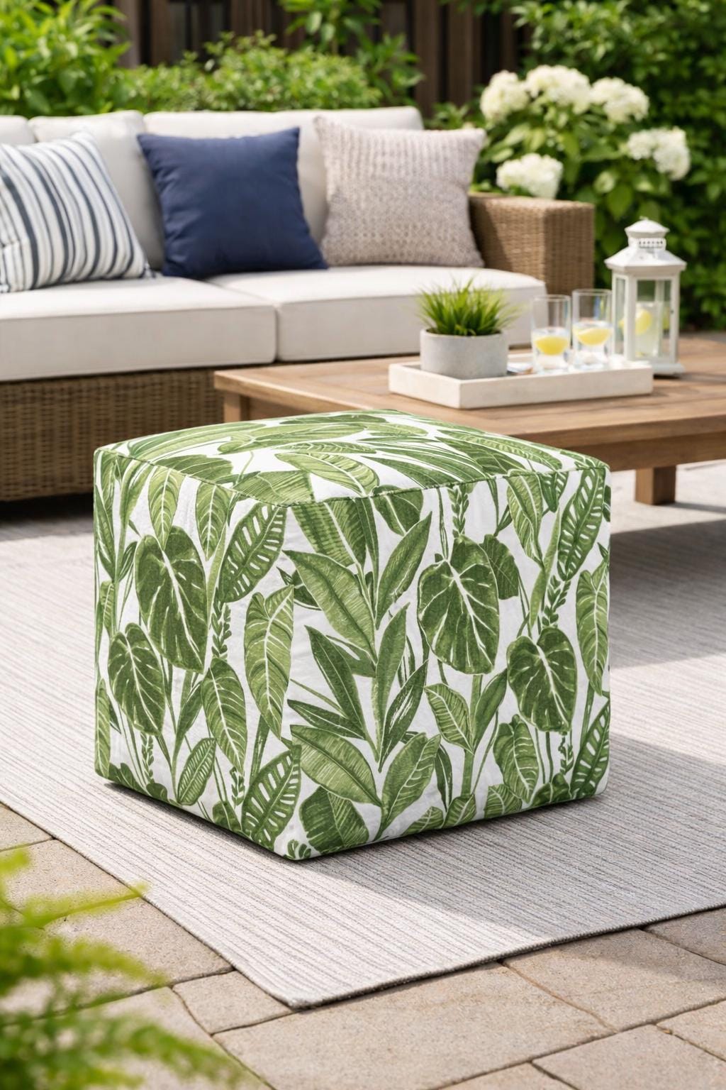 Green and White Tropical Outdoor Palm Leaf Pattern Pouf, Tropical