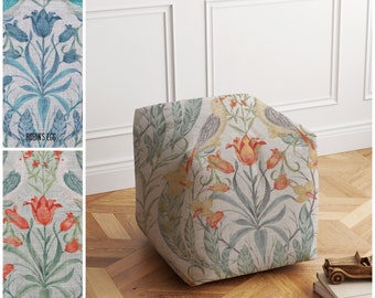 Housse de pouf lavable, pouf floral bleu, pouf floral orange et vert, pouf motif oiseau, pouf feuillage, pouf floral coloré,