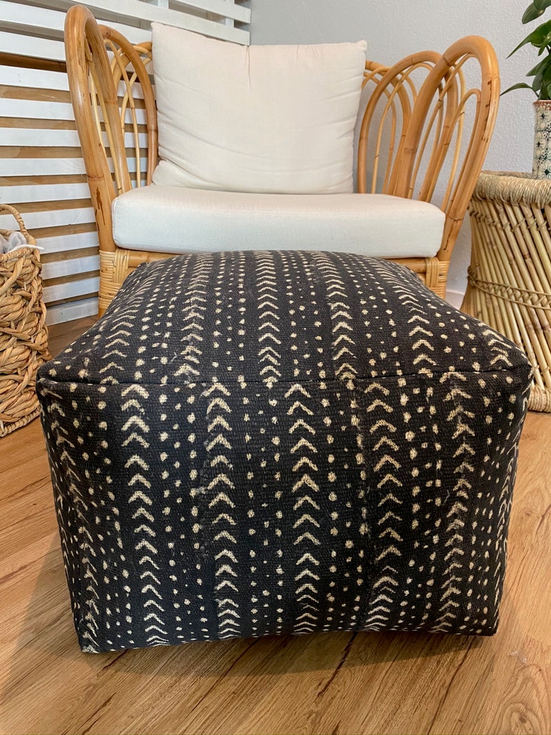 Mudcloth Print Black and Cream Pouf Ottoman Boho Pouf Etsy