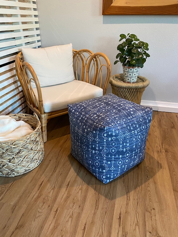 Magnolia Home Fashions Fabric Navy Pouf Ottoman Navy Patterned