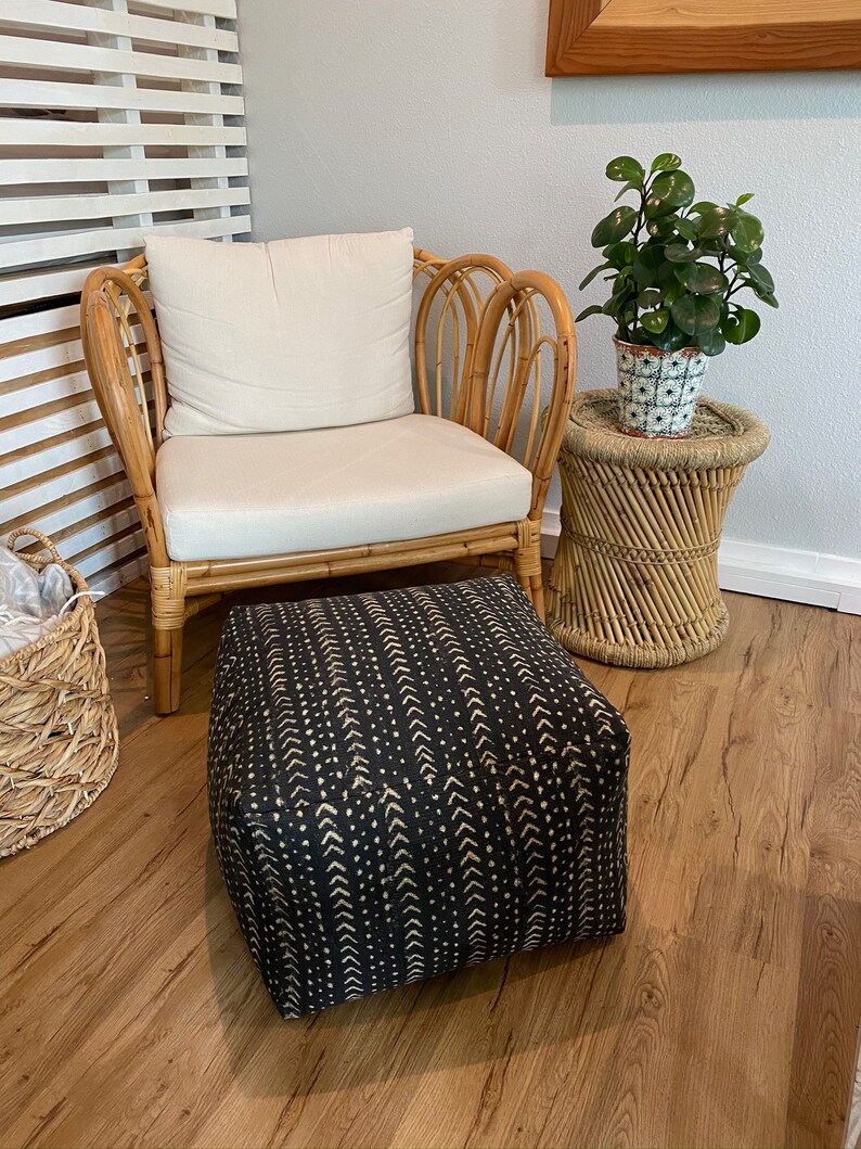 Mudcloth Print Black and Cream Pouf Ottoman Boho Pouf Etsy