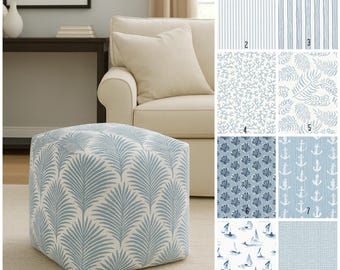 Blue Striped Pouf Ottoman: Coastal Beach Decor