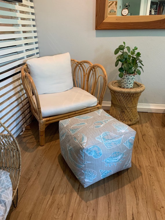 Shells Pouf Ottoman Beige and Blue Coastal Pouf Coastal Pouf