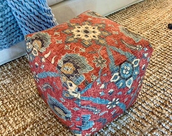 Scarlet Red Pouf Ottoman, Red and Blue Pouf ottoman, pattern pouf ottoman, Red Floral pouf ottoman, washable pouf cover