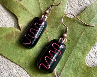 Handmade black and copper fused glass earrings with hypoallergenic ear wire