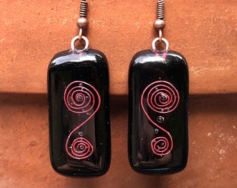 Handmade black and copper fused glass earrings with hypoallergenic ear wire