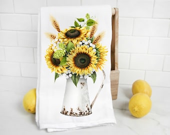 Gift under 30 housewarming gift Fall tea towel Sunflowers in metal pail bucket Kitchen cotton flour sack tea towel Farmhouse Decor