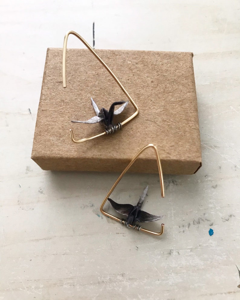 Resting Origami Paper Crane Triangle Hoop Earrings \u2022 Silver and Gold