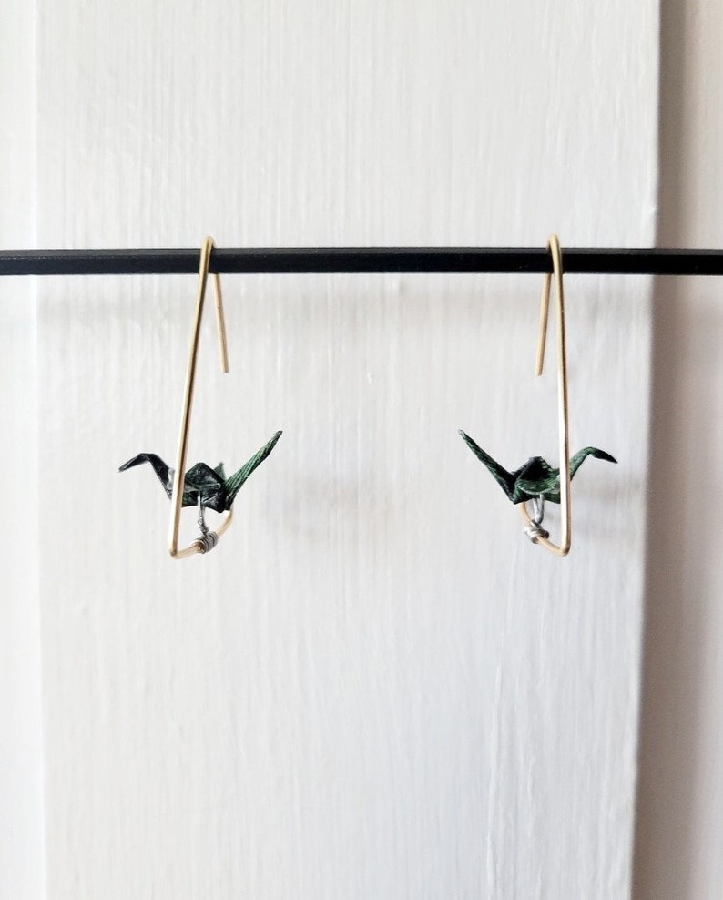 Resting Origami Paper Crane Triangle Hoop Earrings \u2022 Silver and Gold