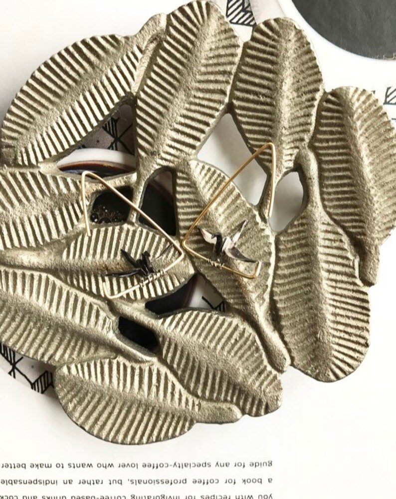 Resting Origami Paper Crane Triangle Hoop Earrings \u2022 Silver and Gold