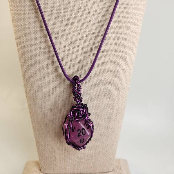 Purple D20 wire wrapped Pendant Necklace, Twisted wire jewelry, Tabletop Gaming gift, DND gifts for DM, birthday gift for gamer, geeky gifts