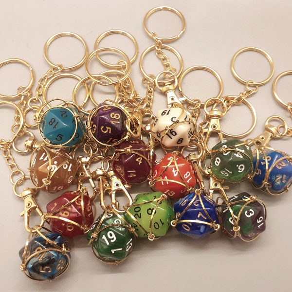 Removable D20 Cage Keychain, Gold metal keyring DND Dice, RPG Accessories, best friend birthday gift for her, dnd player gift, role playing