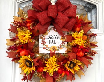 Fall Wreath, Fall Country Wreath, Fall Farmhouse Wreath, Fall Floral Wreath, Maroon and Yellow Fall Wreath, Fall Door Decor Fall Door Wreath