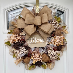Neutral Rustic Welcome Wreath | Burlap & Dried Floral Front Door Decor | Year-Round Farmhouse Wreath with Natural Elements
