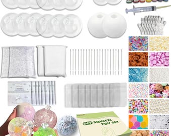 May include: A DIY squeeze toy kit containing clear plastic spheres, white spherical molds, colorful liquid dyes, a syringe, gloves, various decorative beads, sequins, and charms. The set includes a box labeled DIY SQUEEZE TOY SET.