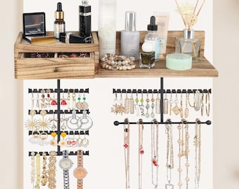 Rustic Dark Brown Jewelry Organizer Wall Mount: Necklace, Earring & Bracelet Holder