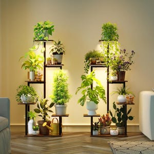May include: Two dark brown metal plant stands with multiple shelves, each holding various potted plants. The plants include leafy green foliage, flowering plants, and cacti. The stands are illuminated by warm lighting, creating a cozy indoor garden atmosphere.