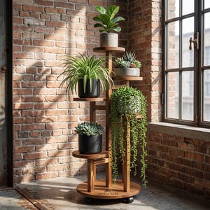 May include: A multi-tiered wooden plant stand on wheels featuring the text Artisan-Made on the base. It holds five potted plants, including a fiddle leaf fig, a spider plant, a string of pearls, and two succulents in various gray and black pots.