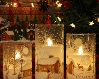 Snowman Winter Scene LED Flameless Candle, Real Wax, Remote Control