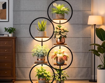 7-Tier Indoor Plant Stand with Grow Lights, Modern Metal Wood Shelf Flower Display