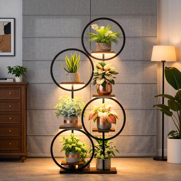 7-Tier Indoor Plant Stand with Grow Lights, Modern Metal Wood Shelf Flower Display