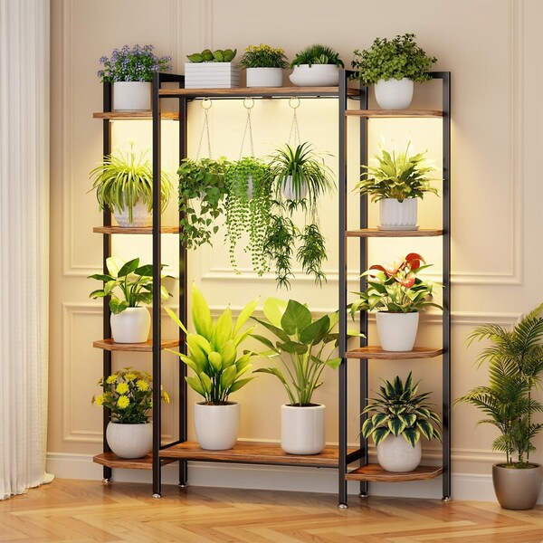 Plant Stand with Grow Lights & Hooks Large 6-Tiered Metal