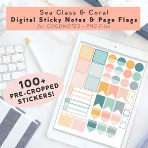 May include: Digital sticky notes and page flags in a sea glass and coral colour scheme. The digital stickers are pre-cropped and ready to use in Goodnotes and other note-taking apps. There are over 100 stickers in this set.