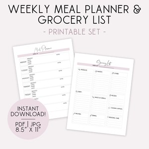 Weekly Meal Planner & Grocery List Printable Bundle | Weekly Meal Planner Template | Letter | Instant Download