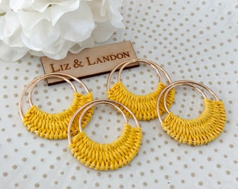 Sunshine Yellow Bohemian 1.75” Woven Gold Hoop Earrings Blanks Supplies  (1pair)