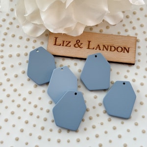 May include: Five light blue hexagon-shaped acrylic charms with a hole at the top. The charms are arranged on a white background with brown polka dots. The text "Liz & Landon" is visible on a wooden sign in the background.