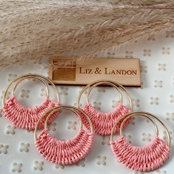 Pink Salmon Bohemian 1.75” Woven Gold Hoop Earrings Blanks Supplies  (1pair)