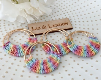 Pastel Rainbow Stripes Bohemian 1.75” Woven Gold Hoop Earrings Blanks Supplies  (1pair)