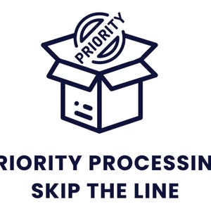 May include: A dark blue line art icon of an open cardboard box with a circular stamp reading PRIORITY inside. Below the icon, the text PRIORITY PROCESSING SKIP THE LINE is displayed in a bold, dark blue sans-serif font on a plain white background.