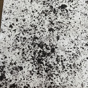 May include: White textured paper with black splatter paint. The splatter paint is concentrated in the center of the paper.