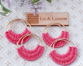 Flamingo Pink Bohemian 1.75” Woven Gold Hoop Earrings Blanks Supplies  (1pair)