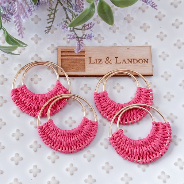 Flamingo Pink Bohemian 1.75” Woven Gold Hoop Earrings Blanks Supplies  (1pair)