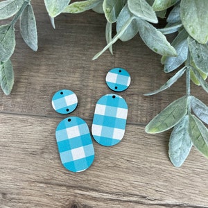 Spring Blue Gingham Wooden 2-Piece Reagan Findings Blanks Supplies (3pairs/12pieces)