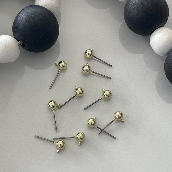 Gold Ball Pin Post Studs Connectors Findings Earrings 1-Hole (1 pair)