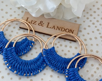 Royal Blue Bohemian 1.75” Woven Gold Hoop Earrings Blanks Supplies  (1pair)