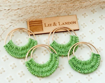 Lime Green Bohemian 1.75” Woven Gold Hoop Earrings Blanks Supplies  (1pair)