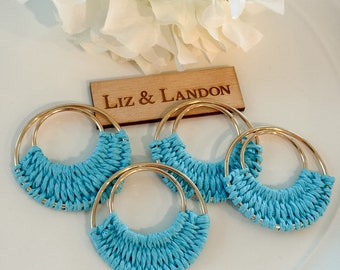 Caribbean Blue Bohemian 1.75” Woven Gold Hoop Earrings Blanks Supplies  (1pair)