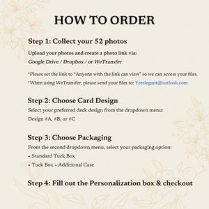 Puede incluir: Gr&aacute;fico color crema con el texto "HOW TO ORDER" en la parte superior. Las instrucciones se enumeran en pasos, incluyendo la recopilaci&oacute;n de fotos, la elecci&oacute;n de un dise&ntilde;o de tarjeta, la selecci&oacute;n del embalaje y el llenado de un cuadro de personalizaci&oacute;n.