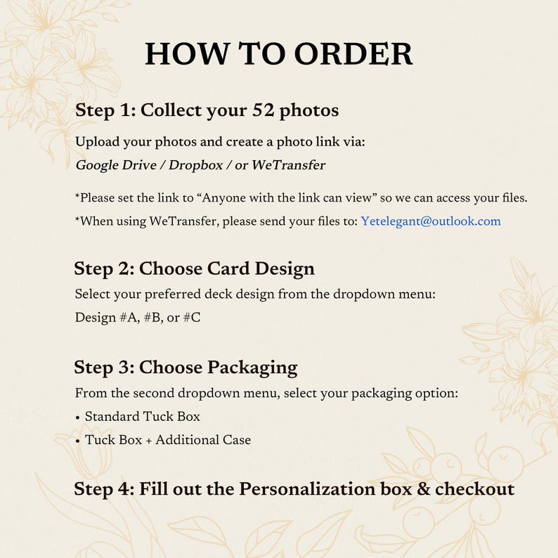 Puede incluir: Gr&aacute;fico color crema con el texto "HOW TO ORDER" en la parte superior. Las instrucciones se enumeran en pasos, incluyendo la recopilaci&oacute;n de fotos, la elecci&oacute;n de un dise&ntilde;o de tarjeta, la selecci&oacute;n del embalaje y el llenado de un cuadro de personalizaci&oacute;n.
