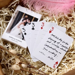 Give your guests a different experience with our personalized poker cards. Our custom deck features blank front where your guests could share their advice, wisdom and wishes. Normally, 0.5mm fine-tip marker works well.