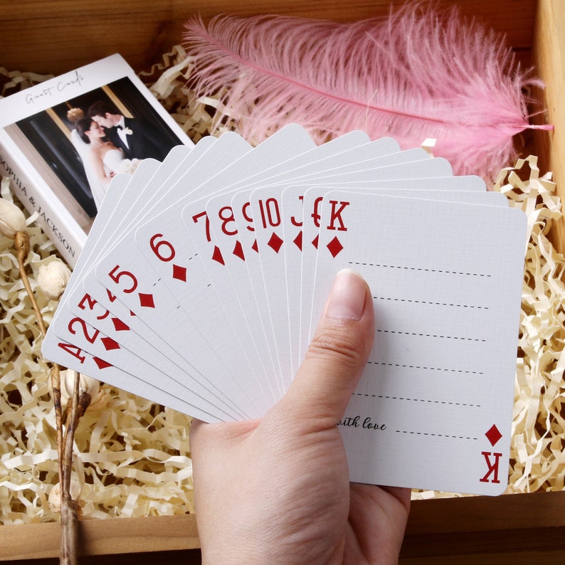 Standard deck of 54 poker cards with 4 suits, 13 ranks each, plus 2 jokers. The front of each card is allowing writing messages. The best wedding favors for the couples.