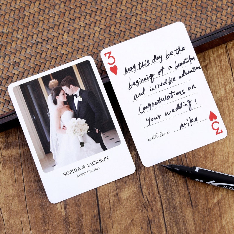 Customizable playing cards for wedding guest book - Personalize wedding gift with photo, names, and date. Unique guest book alternative, perfect for weddings, bridal showers, and birthday party. Capture memories with best wishes!