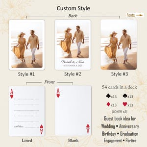 May include: A set of custom playing cards featuring three back styles with a photo of a couple on a beach and the text Daniel & Nora September 8, 2025. The front options include a lined ace card with the text with love and a blank ace card.
