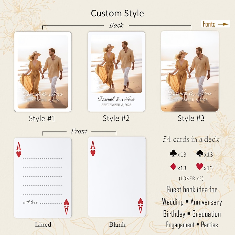 May include: A set of custom playing cards featuring three back styles with a photo of a couple on a beach and the text Daniel & Nora September 8, 2025. The front options include a lined ace card with the text with love and a blank ace card.