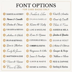 May include: A chart titled FONT OPTIONS FOR CARD BACKS ONLY featuring thirty-three numbered rows. Each row displays a unique typeface style using a pair of names joined by an ampersand. The text is black on a light cream background with gold circles.